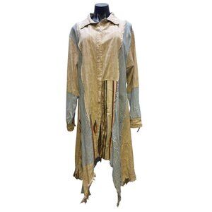 A Rare Bird Patchwork Long Button-Up Dress Tan & Blue L/XL